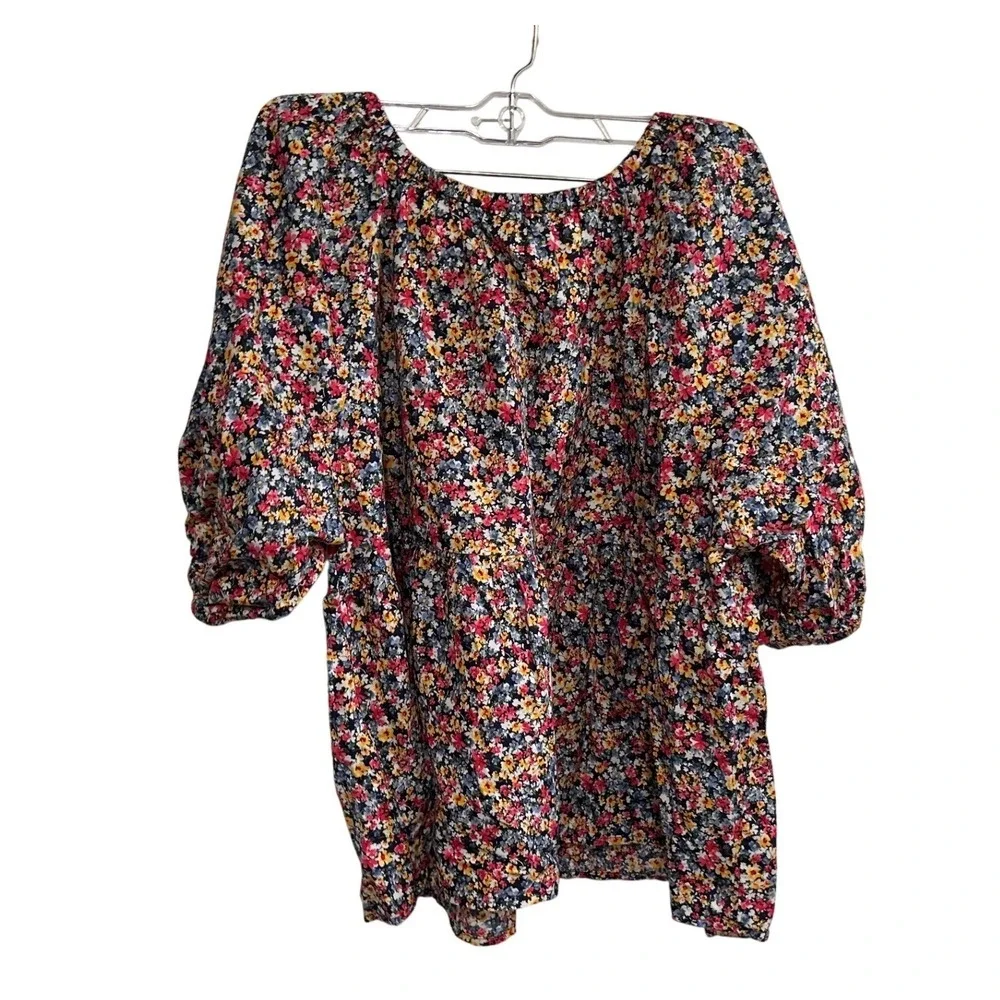 Old Navy Womens Large Ditsy Floral Puff Sleeve Babydoll Blouse Navy Blue Red